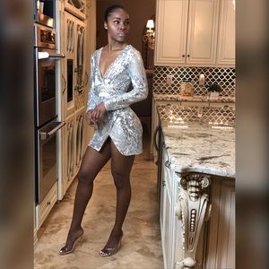 Nude Sequins Deep Plunge Front Wrap Dress